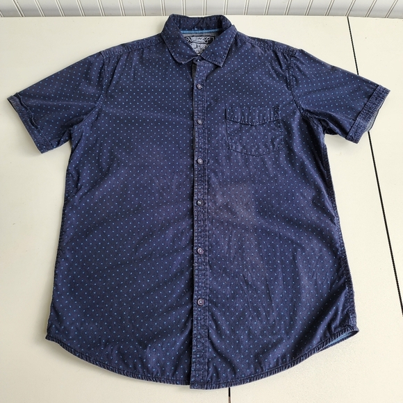 Broken Threads Men's Shirt Navy Blue Geo Print Short Sleeve Button Up Fitted L - Picture 1 of 7